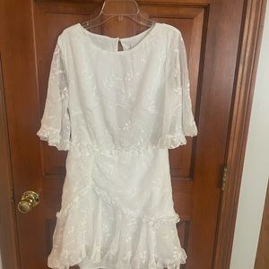 Selfie Leslie white dress NWT  size M hits above knee. Sheer Sleeves/open back